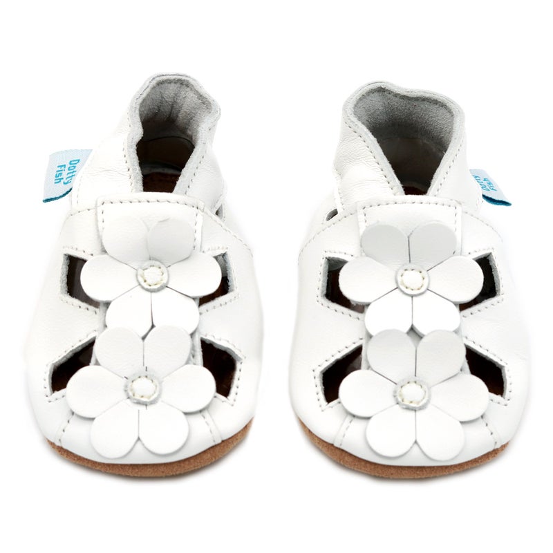 Dotty Fish Soft Leather Infant Toddler Sandals. White Flowers. 0-6 Months - Image 1